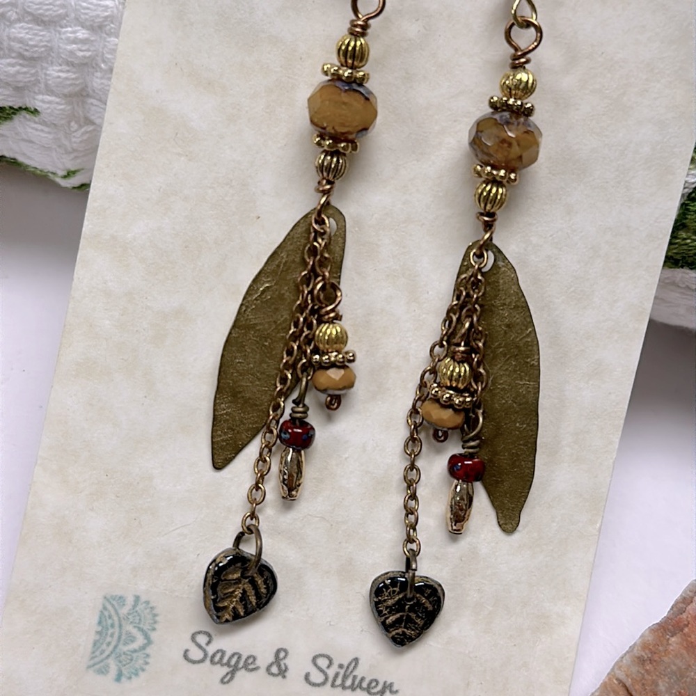 NEW Long autumn golden beaded earrings hammered brass leaf 3 1/2” handmade